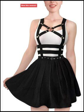Pleated Detachable Overall Skirt Romper Goth Harness Mini Skirt
